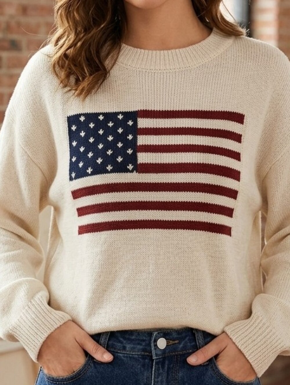 [[SHEIN]] Cream Knit Sweater with Navy & Red Flag Motif